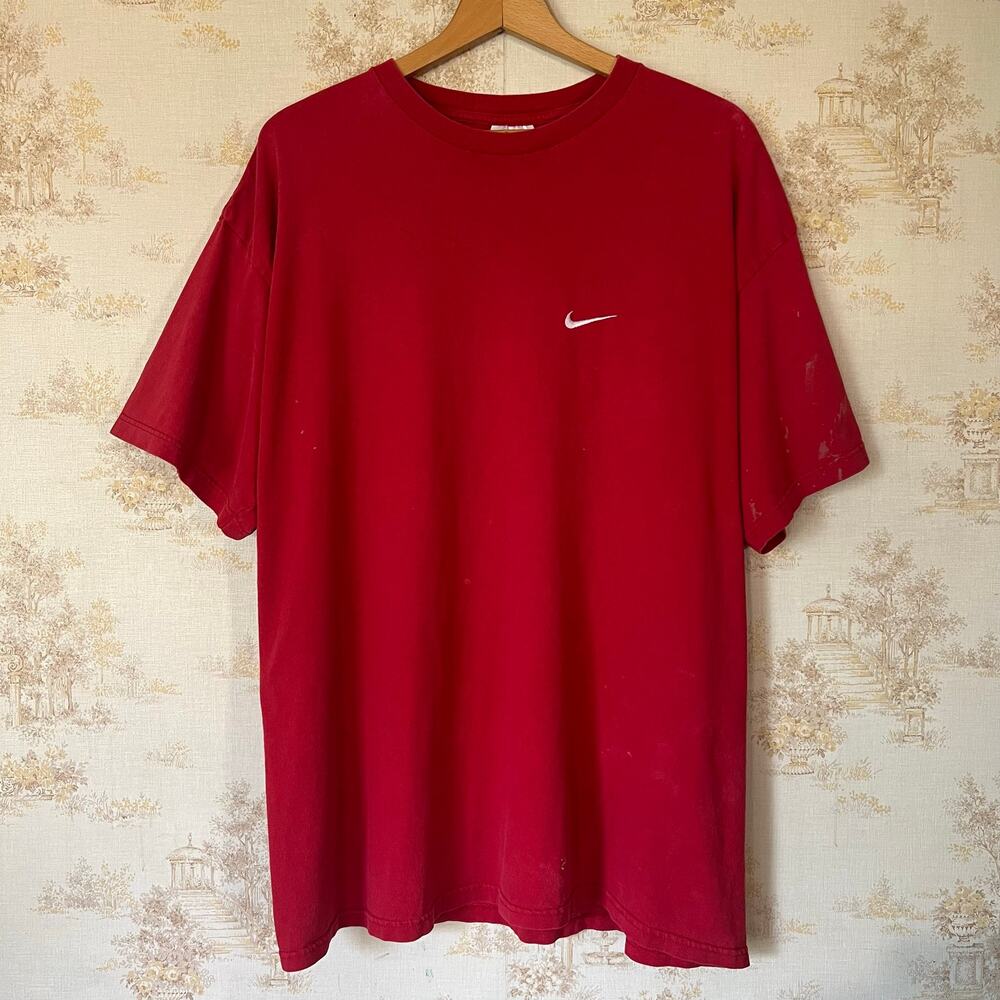 Vintage 90s Nike Mini Swoosh T-Shirt | Distressed Painted Red | Size XL